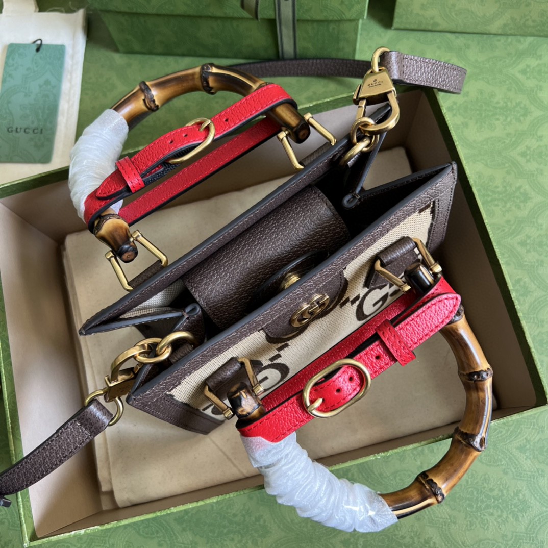 GUCCI DIANA CANVAS BROWN JUMBO GG MINI TOTE BAG CAMEL AND EBONY JUMBO GG