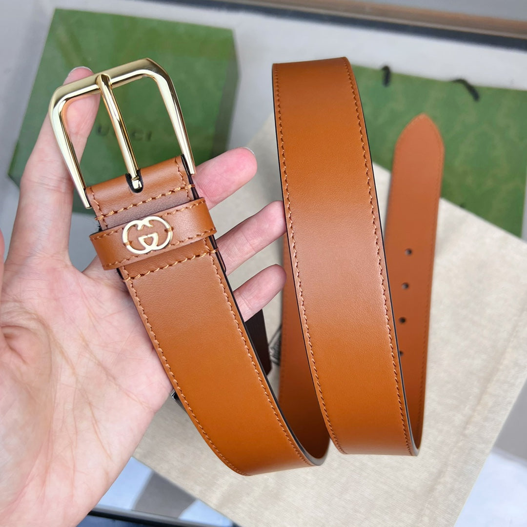 GUCCI BROWN BELT WITH SQUARE BUCKLE AND INTERLOCKING G GOLD MEATL 35MM
