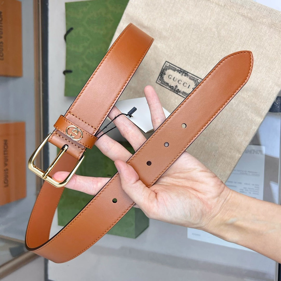 GUCCI BROWN BELT WITH SQUARE BUCKLE AND INTERLOCKING G GOLD MEATL 35MM