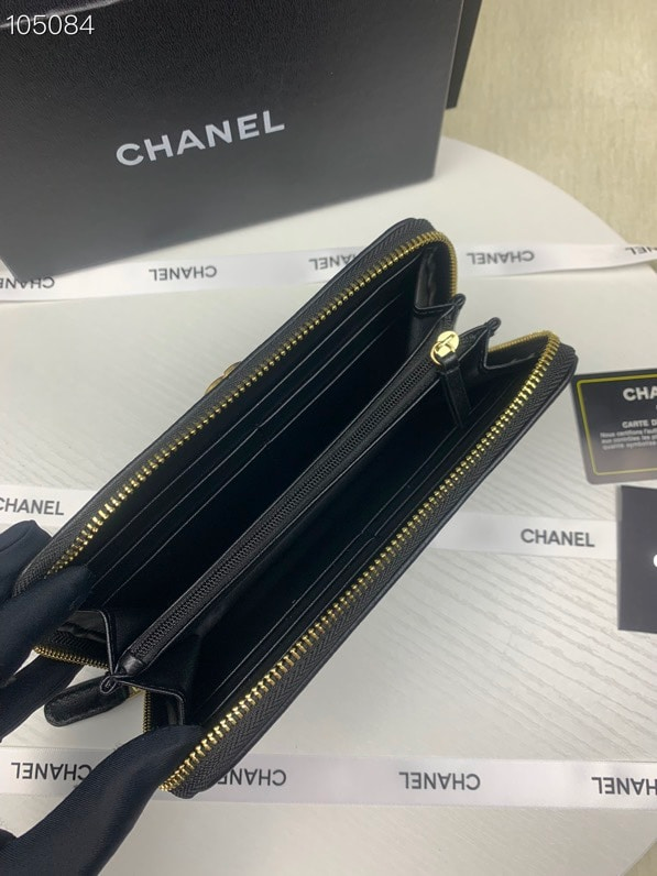 CHANEL BOY LONG ZIPPED WALLET WITH GOLD HARDWARE BLACK 19.4CM