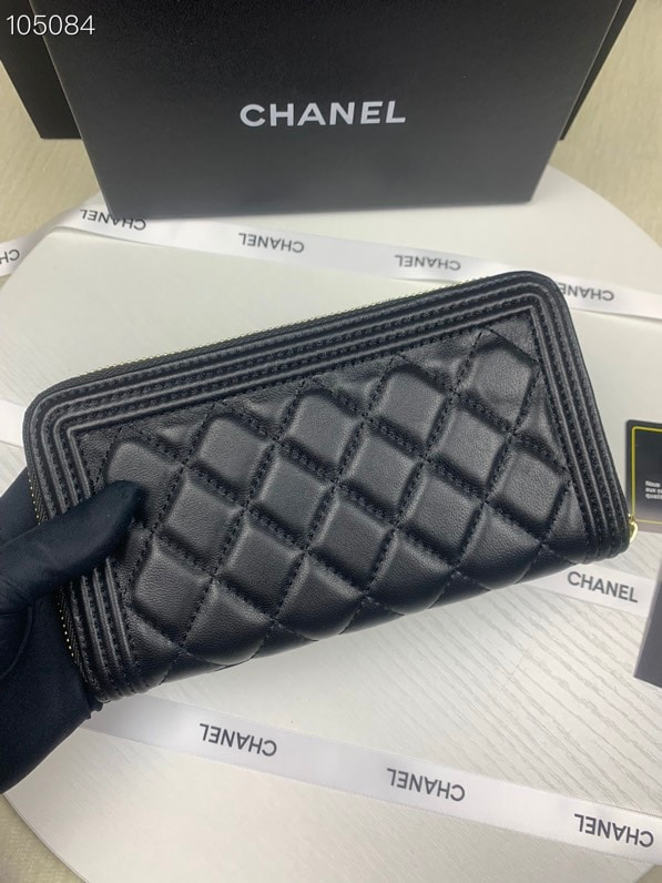 CHANEL BOY LONG ZIPPED WALLET WITH GOLD HARDWARE BLACK 19.4CM