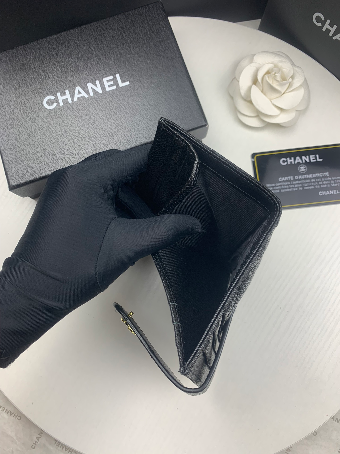 CHANEL CARD HOLDER BLACK WITH GOLD HARDWARE 12CM