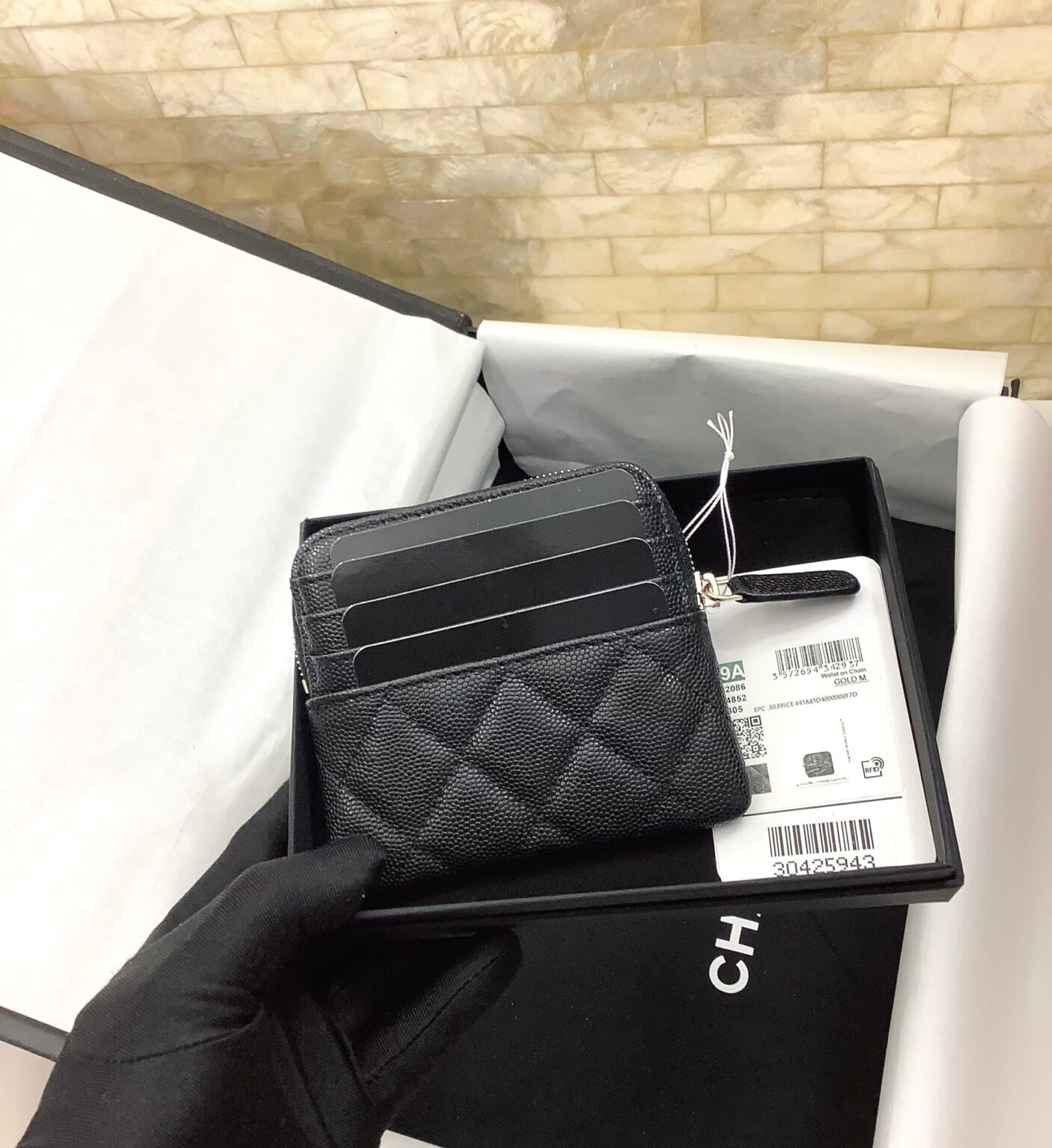 CHANEL CAVIAR QUILTED ZIP CARD HOLDER BLACK WALLET