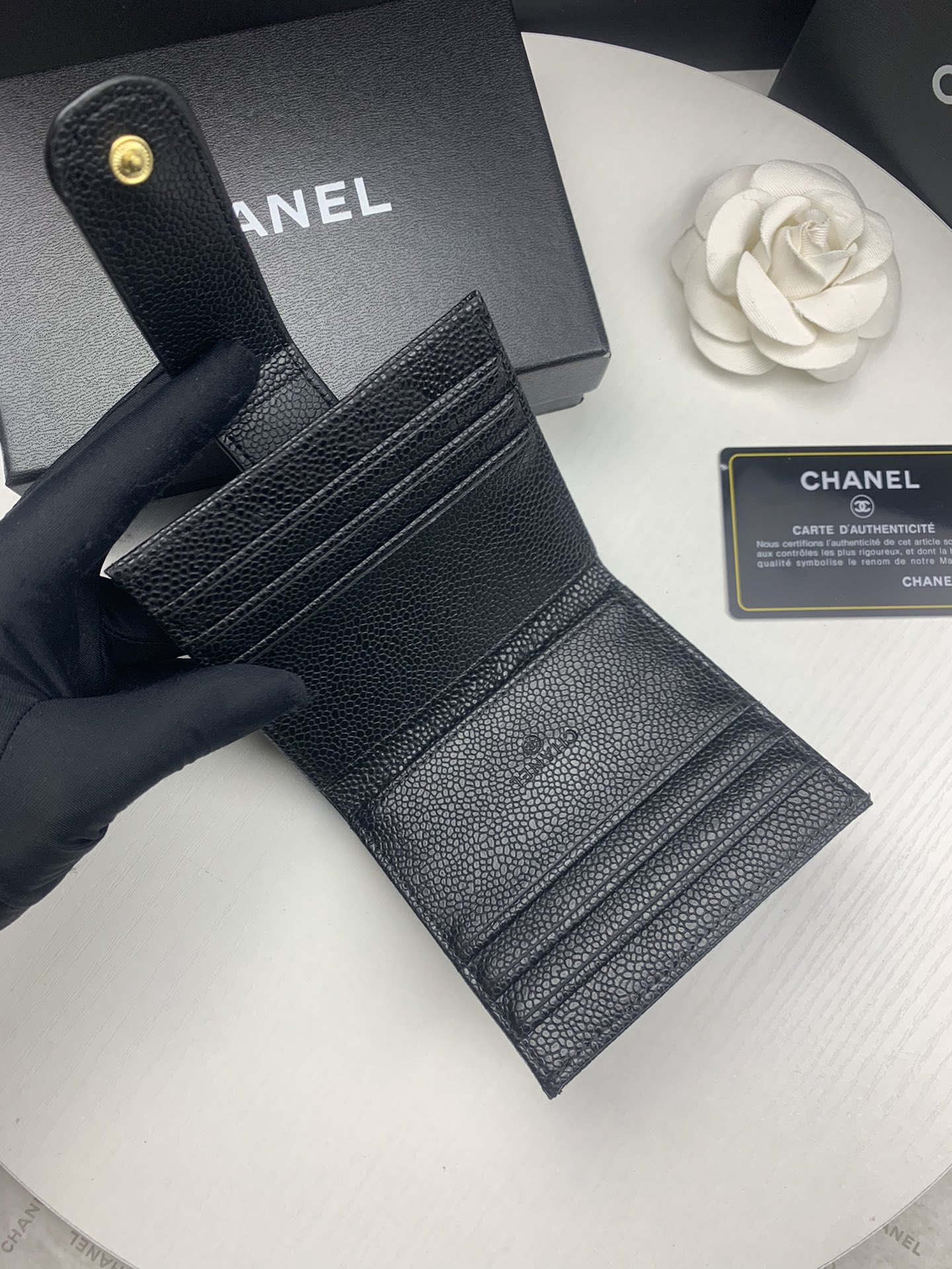 CHANEL CARD HOLDER BLACK WITH GOLD HARDWARE 12CM