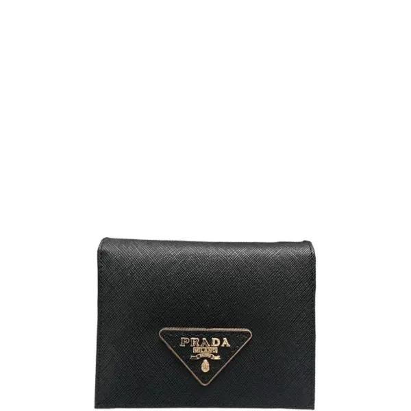Prada Small Saffiano Lux Leather Flap Continental Triangle Black Wallet 10cm