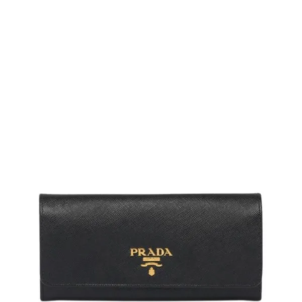 Prada Saffiano Leather Flap Long Wallet Black And Gold 19cm 1mh132 Zlp F061H