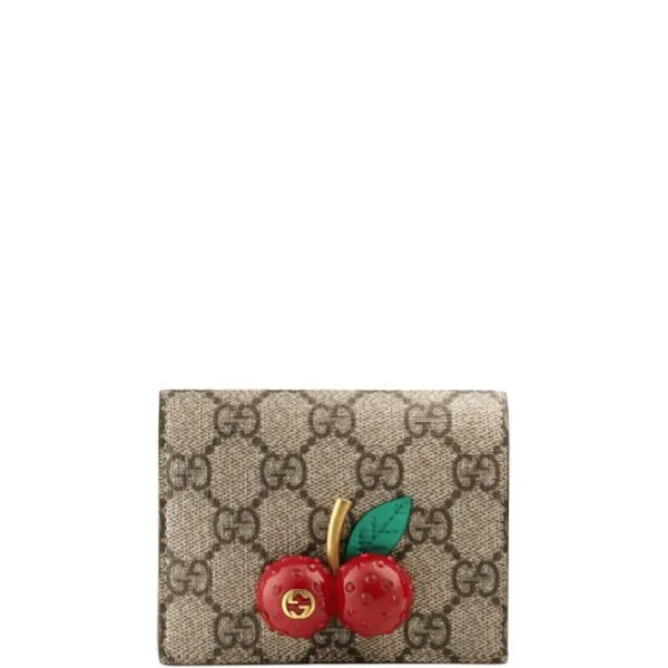 Gucci Supreme Canvas Card Case Wallet With Cherries Red Leather Inside 10cm 476050