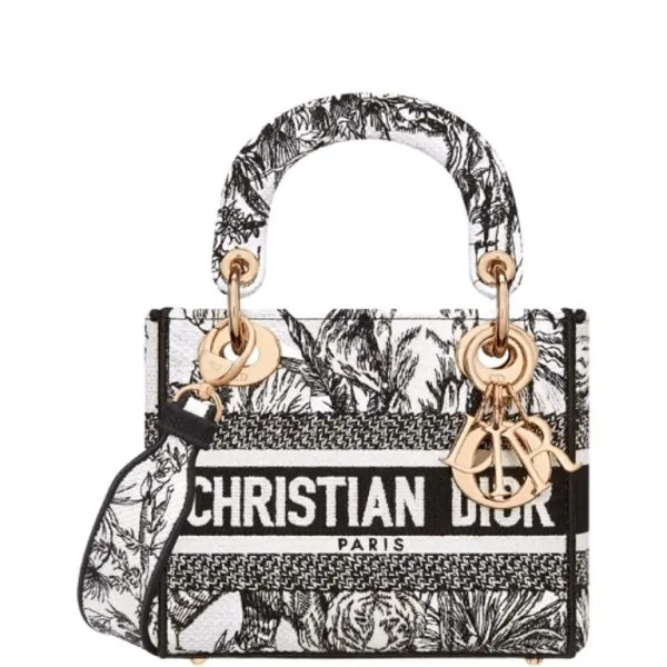 Dior Medium Lady D-Lite Bag White And Black Toile De Jouy Voyage Embroidery 24cm