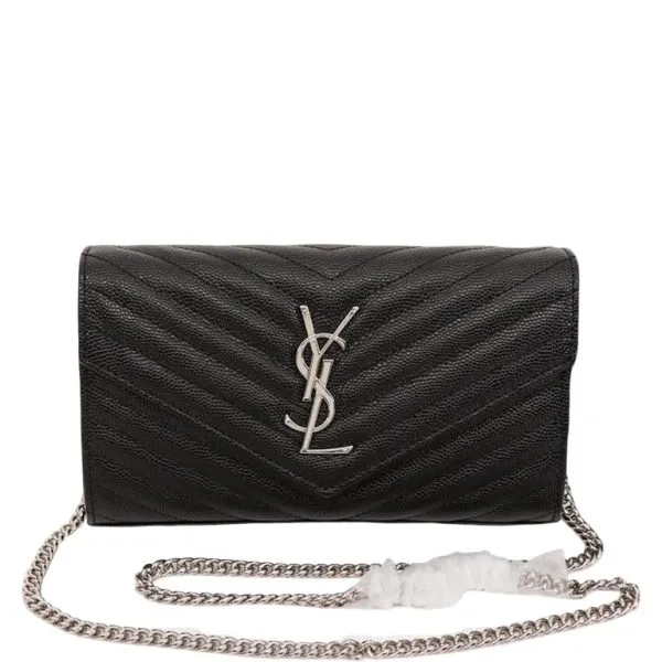Saint Laurent Cassandre Matelasse Chain Wallet in Grain De Poudre Embossed Black Silver 22cm