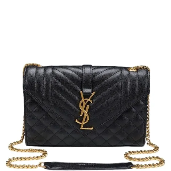 Saint Laurent Envelope Small Bag in Mix Matelasse Grain De Poudre Embossed Black Gold 21cm