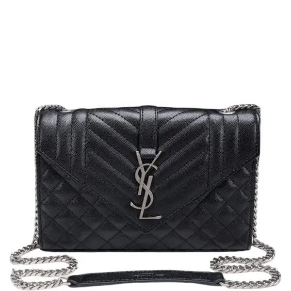 Saint Laurent Envelope Small Bag in Mix Matelasse Grain De Poudre Embossed Black Silver 21cm