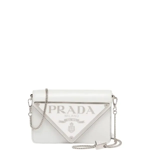 Prada Brush Leather Triangle Logo Chain Clutch Bag White 17cm