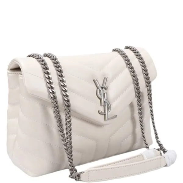 Saint Laurent Loulou Small Chain Bag in Matelasse Y Leather White Silver 23cm