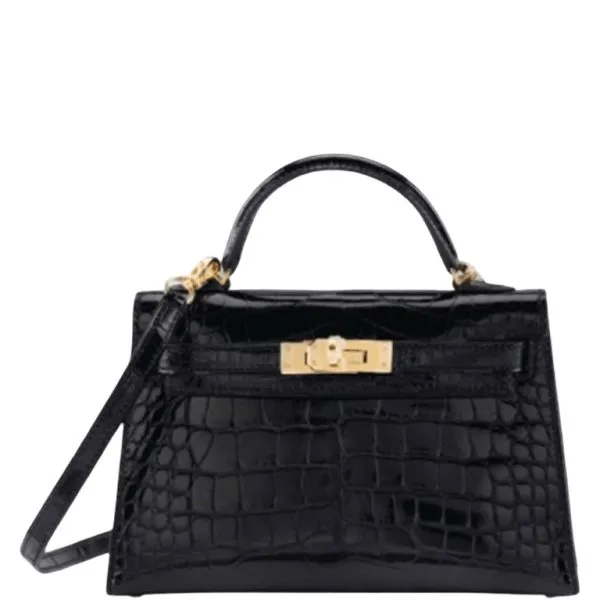 Hermes Mini Kelly Crocodile Gold-Toned Hardware Black 22cm