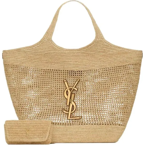 Saint Laurent Raffia Brown Gold And Icare Tote Bag Naturel 45cm