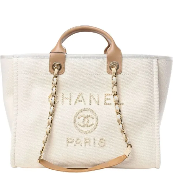 Chanel White Large Deauville Pearl Tote Bag 15in/38cm