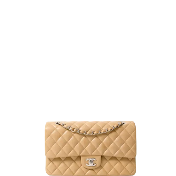 Chanel Classic Handbag Silver Hardware Beige