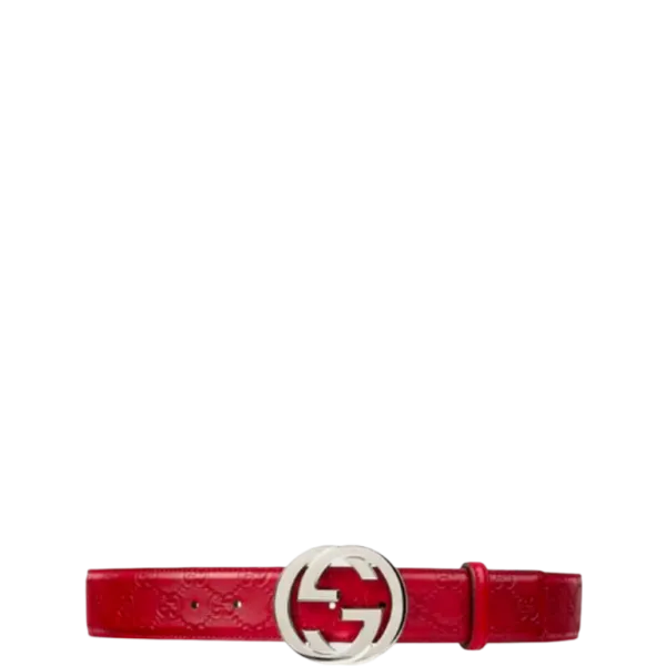 Gucci Calfskin Monogram Red Belt Silver Metal 3.5cm