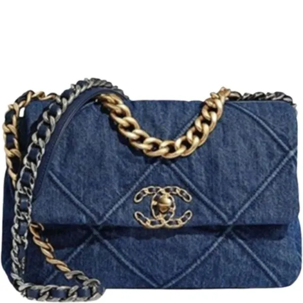 Chanel 19 Handbag Denim Blue For Women 10.1in/26cm