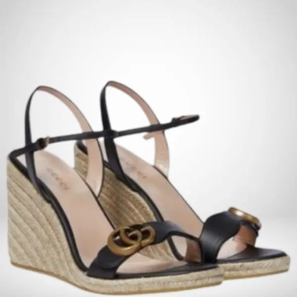 Sandal Gucci Black 8cm Leather Wedge Espadrille Sandals