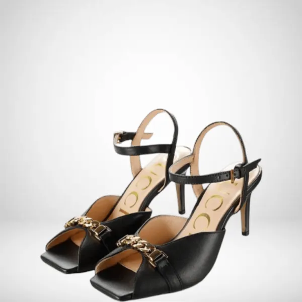 Sandal Gucci Black Metal Chain Stiletto Heels Flip Flop Fish Mouth Sandals