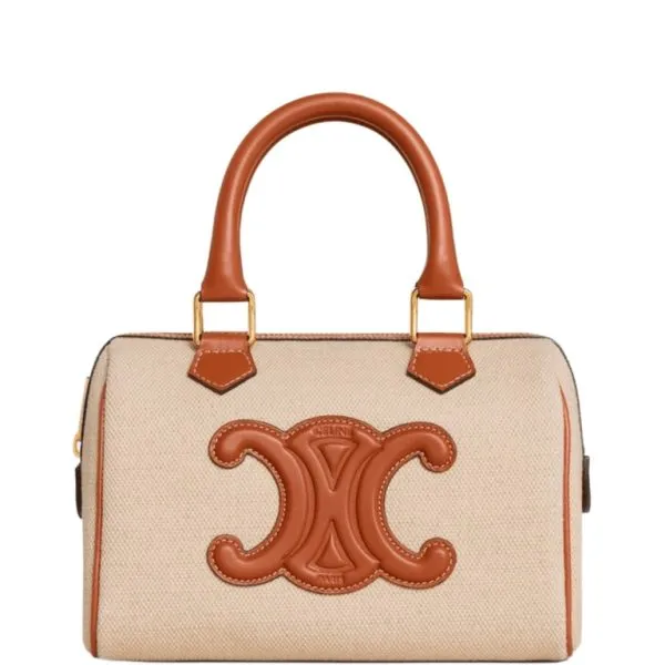 Celine  Small Boston Cuir Triomphe in Textile And Calfskin Tan