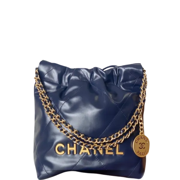 Chanel 22 Mini Bag Gold Tone Navy Blue 7.5in/19cm