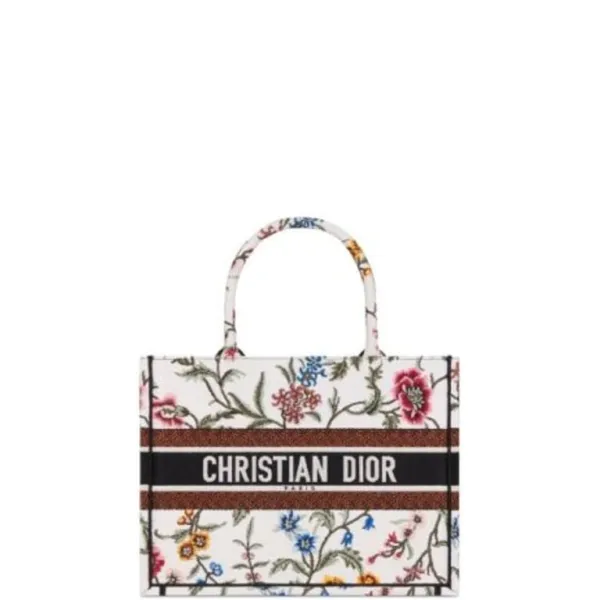 Dior 35cm Medium Book Tote White Multicolor Petites Fleurs Embroidery