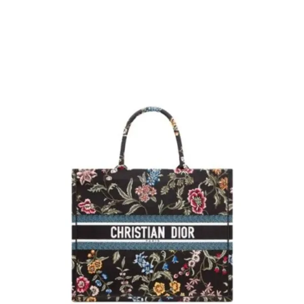 Dior Large Embroidery Book Tote Black Multicolor CD Petites Fleurs 41cm
