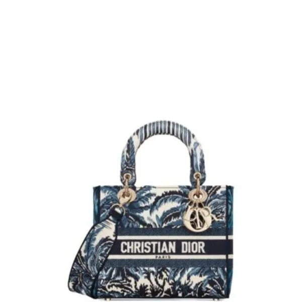 Dior Medium Lady D-Lite Bag Blue Trees Palms Embroidery 24cm