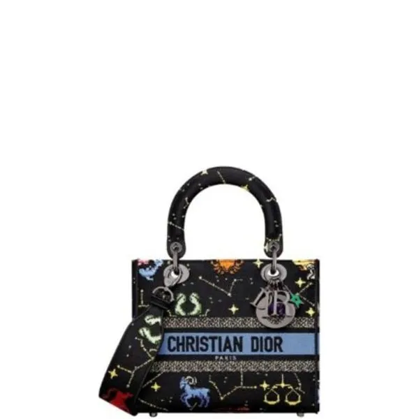 Dior Medium Lady D-Lite Bag Black Multicolor Dior Pixel Zodiac Embroidery 24cm