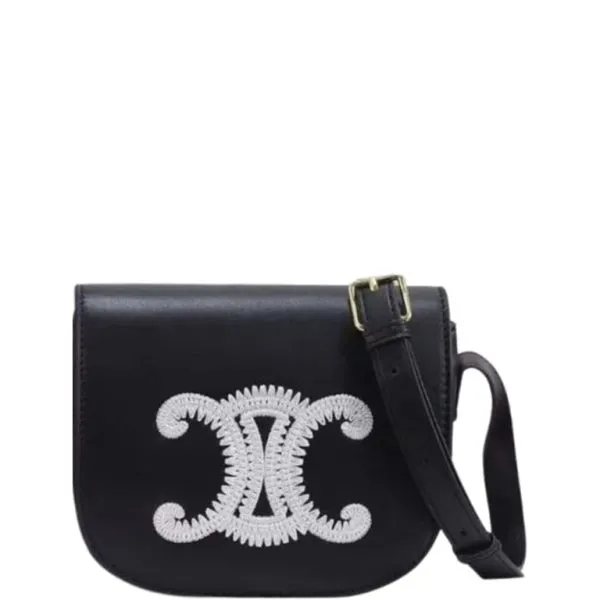 Celine Folco Cuir Triomphe in Smooth Calfskin With Triomphe Embroidery Black 19cm