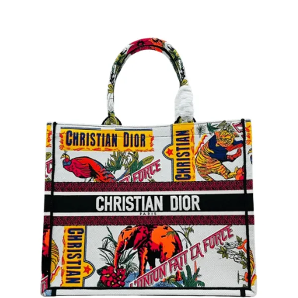 Large Dior 42cm Book Tote White Multicolor Indian Animals Embroidery