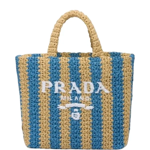 Prada Tan And Blue Raffia Tote Bag 1bg4222a2tf0o8avoor