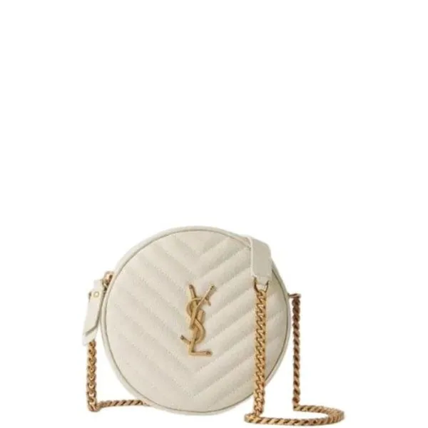 Saint Laurent Vinyle Round Camera Bag in Chevron Quilted Grain De Poudre Embossed Leather White 18cm