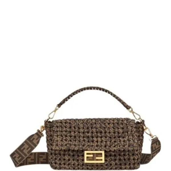 Fendi Baguette Jacquard Fabric Interlace Bag Brown 25cm 8br600abmrf0a6e