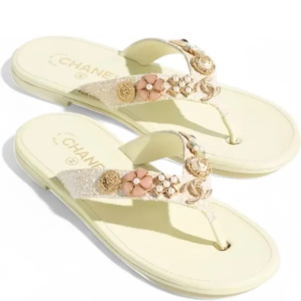 Chanel Light Yellow Tweed Thongs