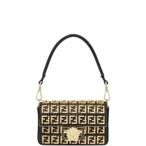 Fendi X Versace Fendace Brooch Baguette Nm Bag FF Embellished Leather Mini Black 21cm