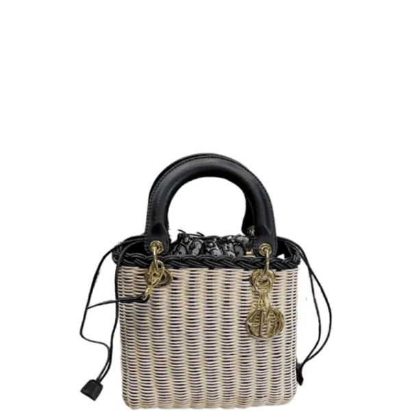 Dior Lady 22cm Natural Wicker Navy Blue Oblique Jacquard