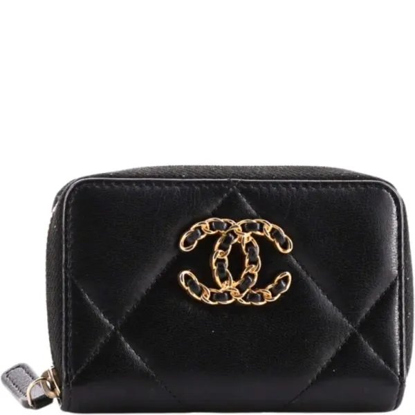 Chanel 19 Card Holder With Zipper Leather Black Wallet