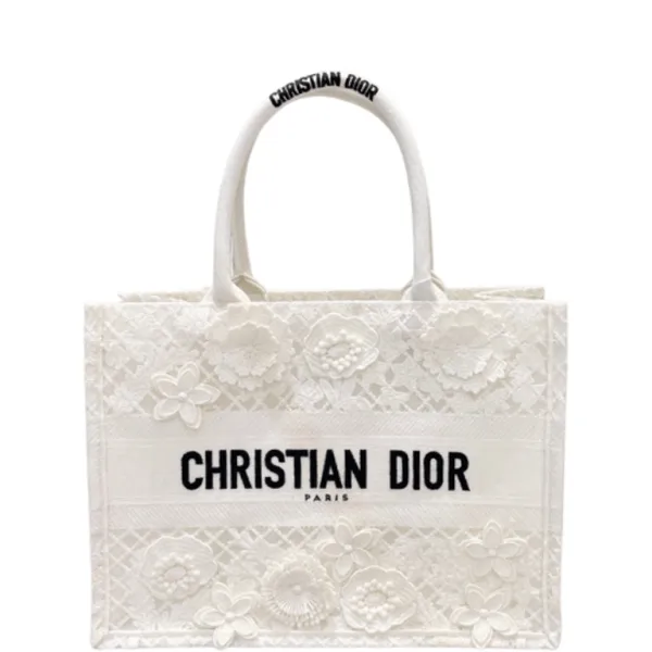 Dior 36cm White D-Lace Embroidery With 3d Macrame Effect Tote Bag