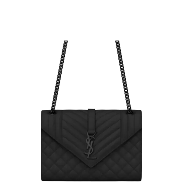 Saint Laurent Envelope Medium Chain Bag in Mix Matelasse Grain De Poudre Embossed Black Noir 24cm