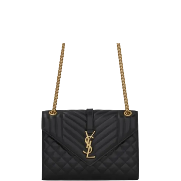 Saint Laurent Envelope Medium Chain Bag in Supple Matelasse Leather Black Gold 24cm