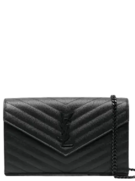 Saint Laurent Cassandre Matelasse Chain Wallet in Grain De Poudre Embossed Black Noir 22cm