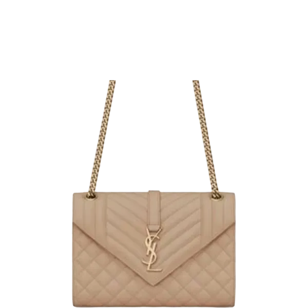 Saint Laurent Envelope Medium Chain Bag in Mix Matelasse Grain De Poudre Embossed Beige 24cm