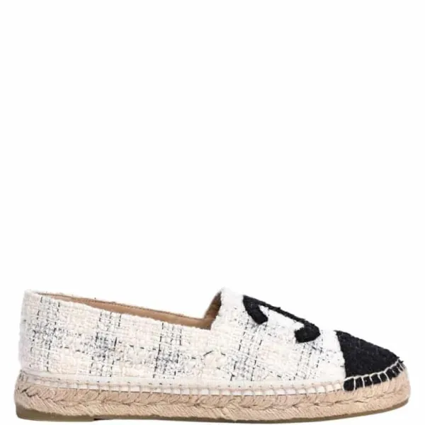 Chanel White Blue Black Tweed CC Espadrilles Slip On