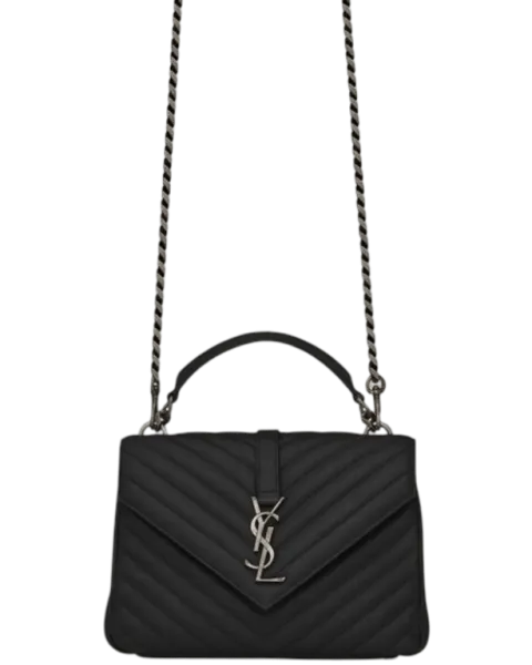 Saint Laurent College Medium Silver Chain in Quilted Black Silver 24cm