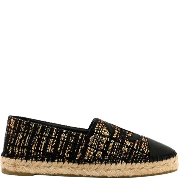 Chanel Gold Black Metallic Tweed Grosgrain CC Espadrilles Slip On