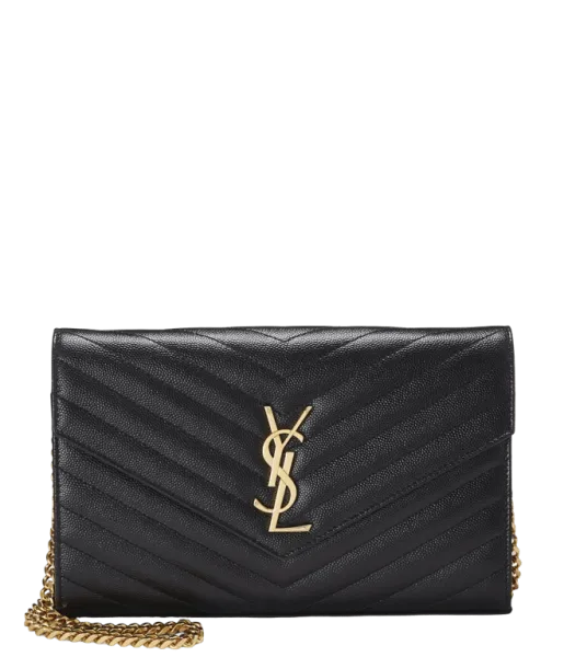 Saint Laurent Cassandre Matelasse Chain Wallet in Grain De Poudre Embossed Black Gold 22cm