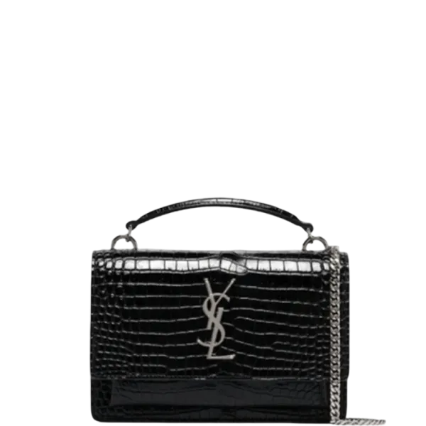 Saint Laurent Sunset Croc Bag Embossed Shiny Black Silver